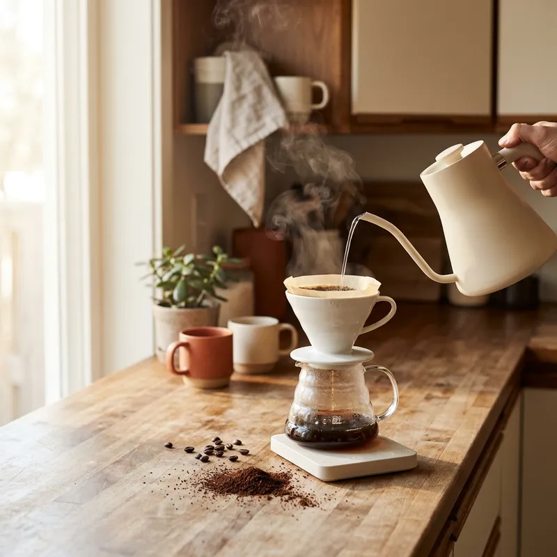 Gooseneck kettle pouring water into a ceramic pour-over dripper on a sunlit kitchen counter