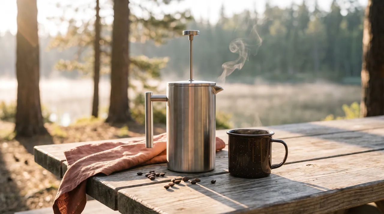 A stainless steel camping French press and an enamel mug on a wooden picnic table, with pine trees and a lake behind