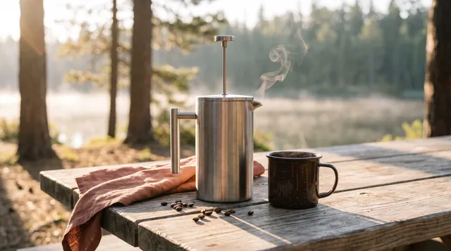 A stainless steel camping French press and an enamel mug on a wooden picnic table, with pine trees and a lake behind