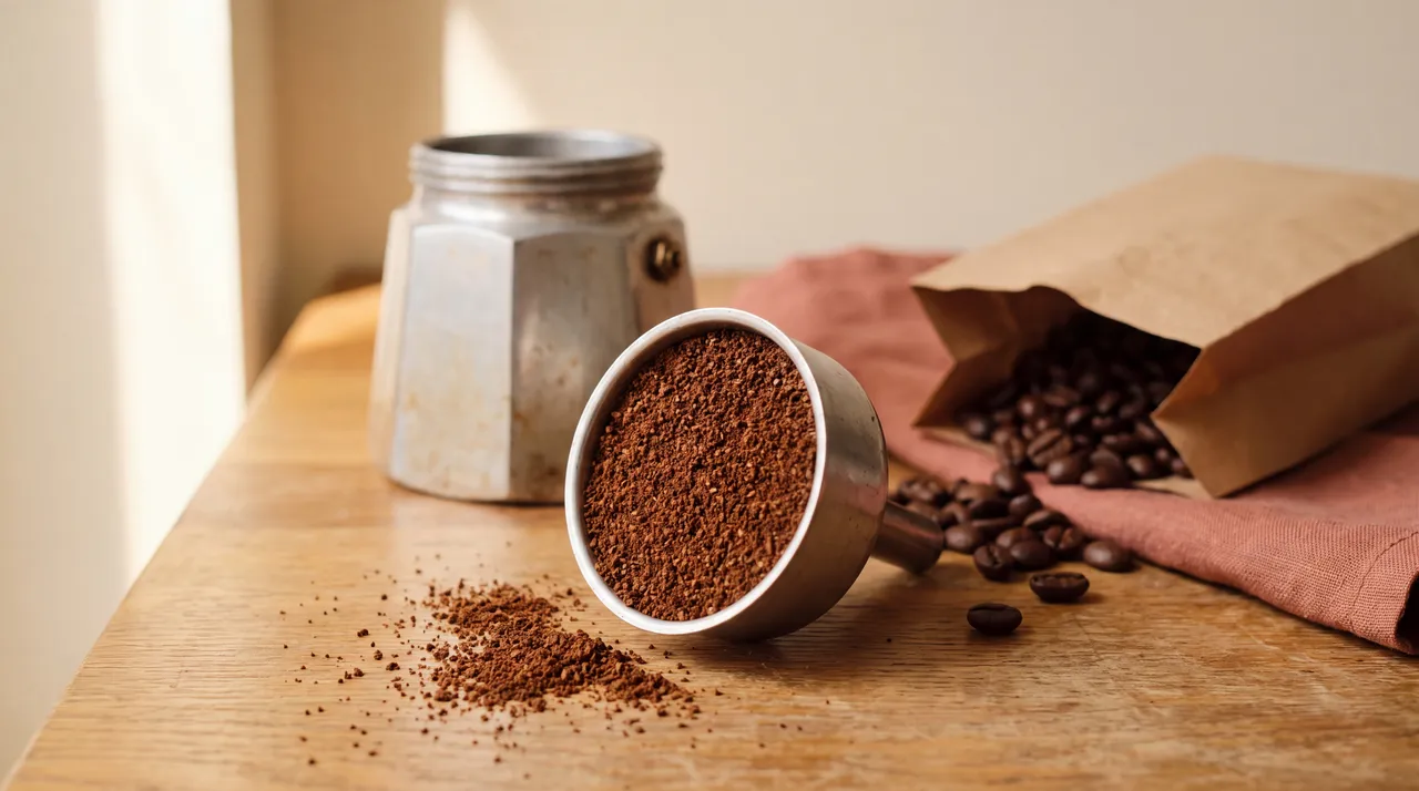 A moka pot filter basket filled level with medium-fine ground coffee, whole beans scattered on a wooden worktop