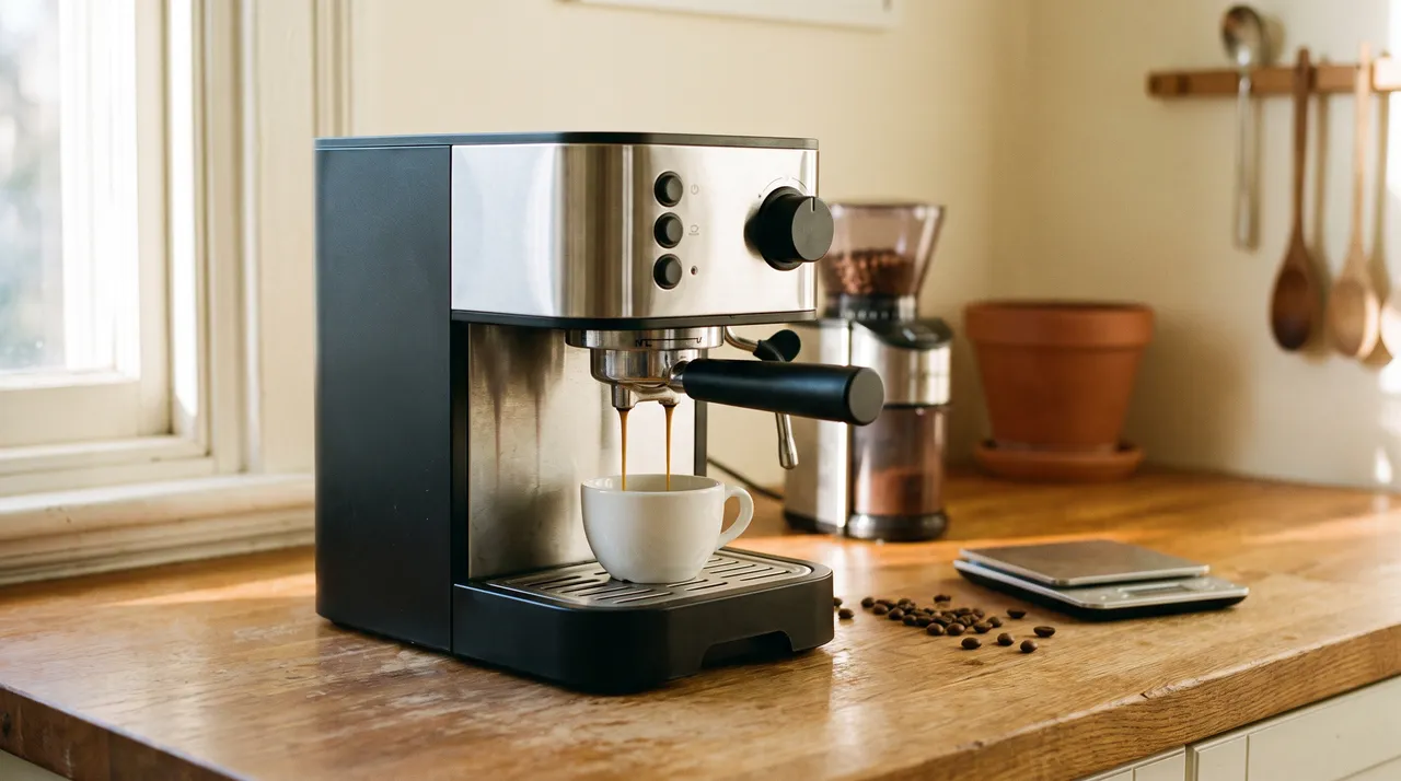 A small home espresso machine pulling a shot into a white cup on a kitchen counter, with a burr grinder behind it