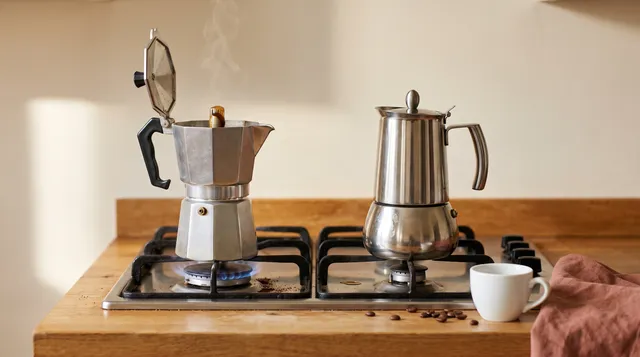 An aluminum moka pot and a stainless steel moka pot side by side on a gas stovetop in a home kitchen