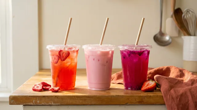 Three iced fruit drinks in clear cups with paper straws, strawberry red, pastel pink and magenta with dragonfruit, on an oak kitchen worktop
