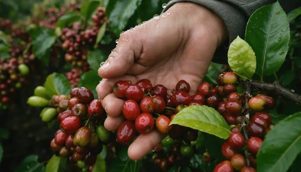 carefully selecting coffee cherries