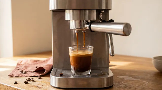 Double espresso pouring from a portafilter into a glass on a home kitchen counter