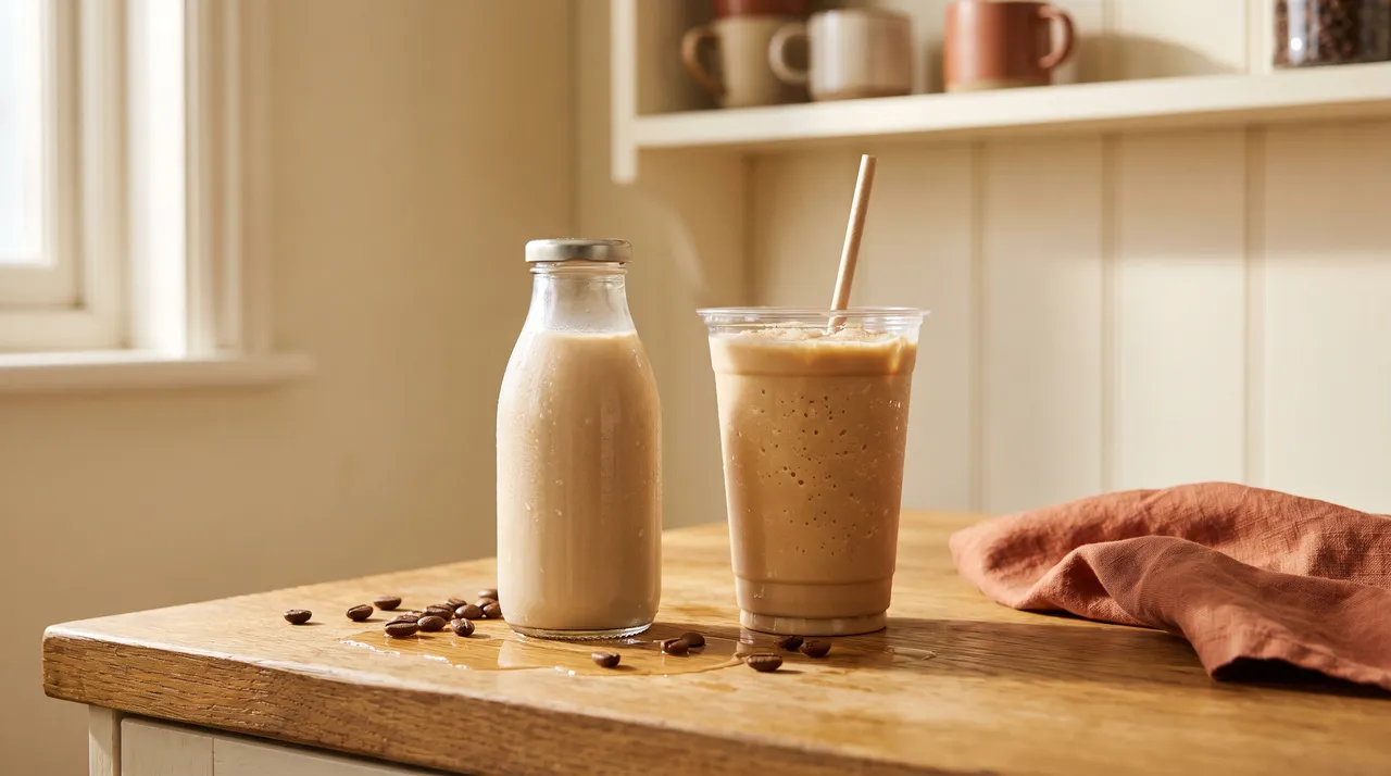 A plain glass bottle of chilled milky coffee next to a blended iced coffee in a clear cup with a paper straw, on an oak kitchen worktop