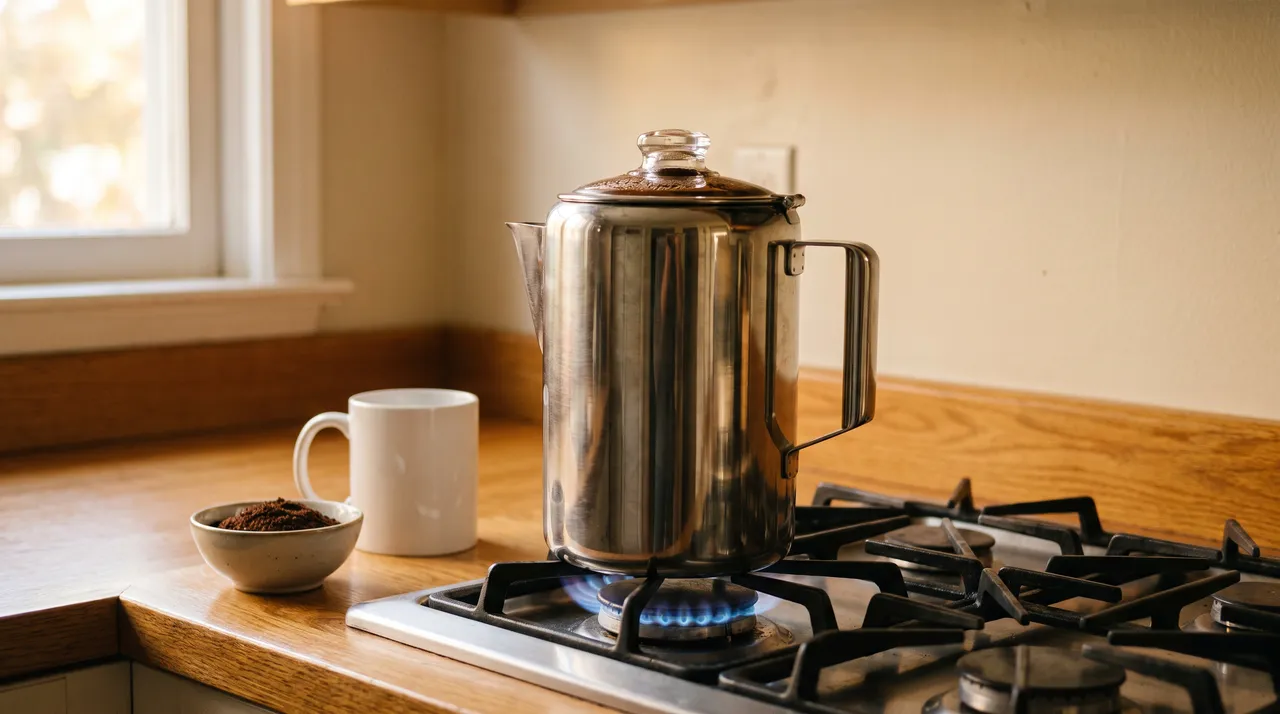 A stainless steel stovetop percolator with a glass knob on a lit gas burner, next to a white mug and a bowl of ground coffee