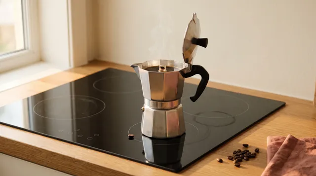Steel moka pot with its lid open, steaming on a black glass induction cooktop set into an oak worktop