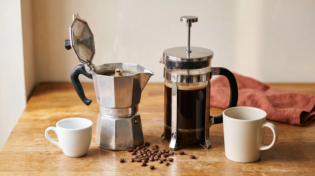 An aluminum moka pot and a glass French press of brewed coffee side by side on an oak kitchen worktop