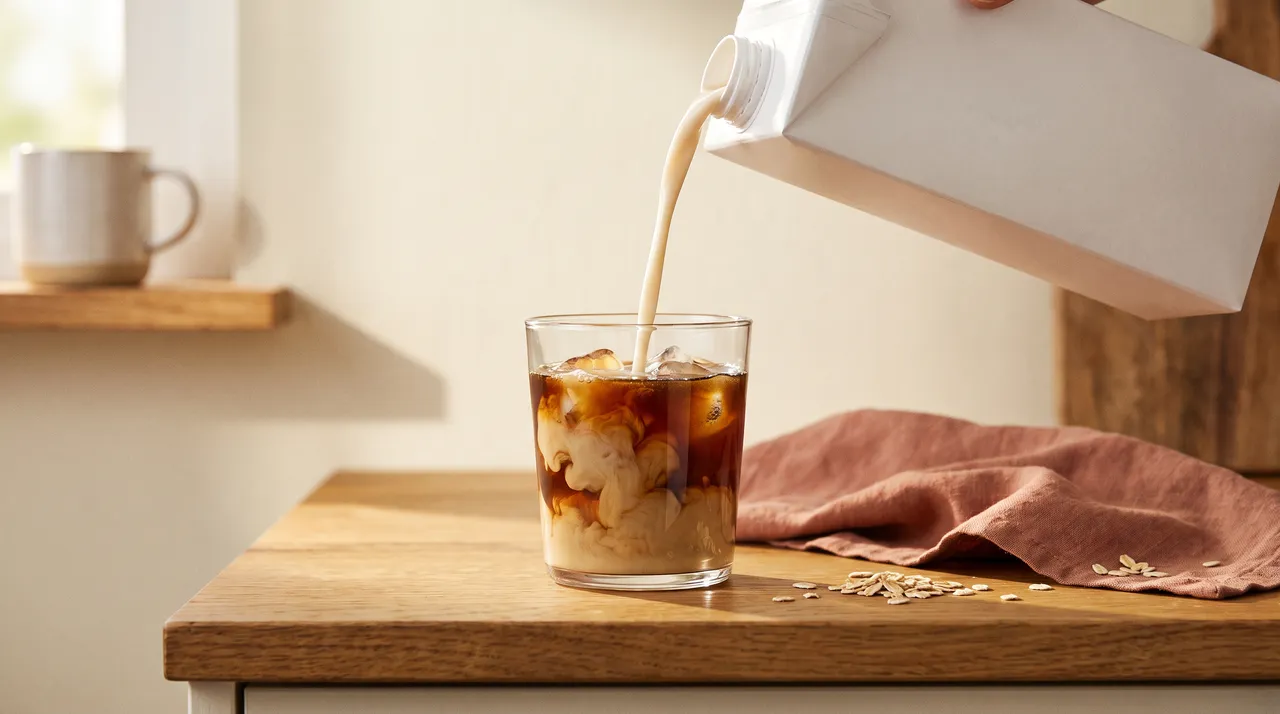 Oat milk pouring into a glass of iced espresso on a kitchen worktop