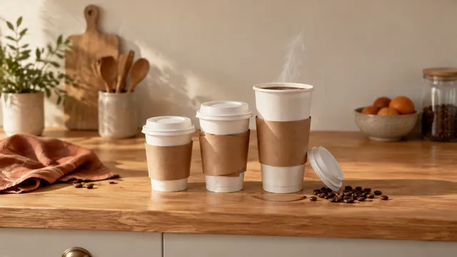 Three plain paper coffee cups in small, medium and large sizes on an oak kitchen worktop, the largest open and steaming