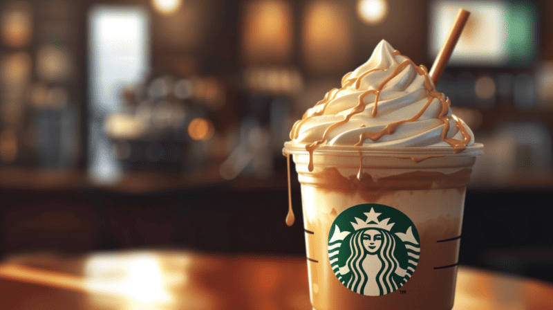 A delicious Starbucks Frappuccino on a wooden table.
