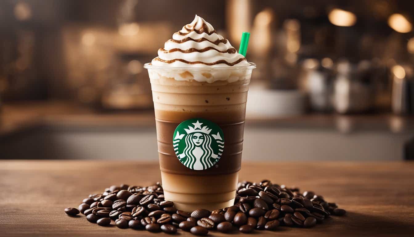 A Starbucks Frappuccino sits on a table, surrounded by coffee beans