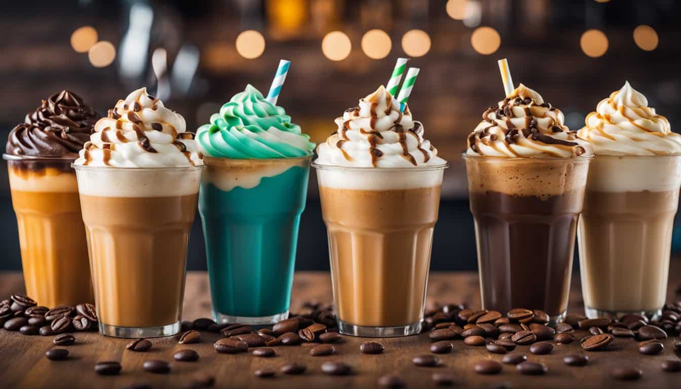 A colorful array of Frappuccinos with different toppings and flavors, surrounded by coffee beans
